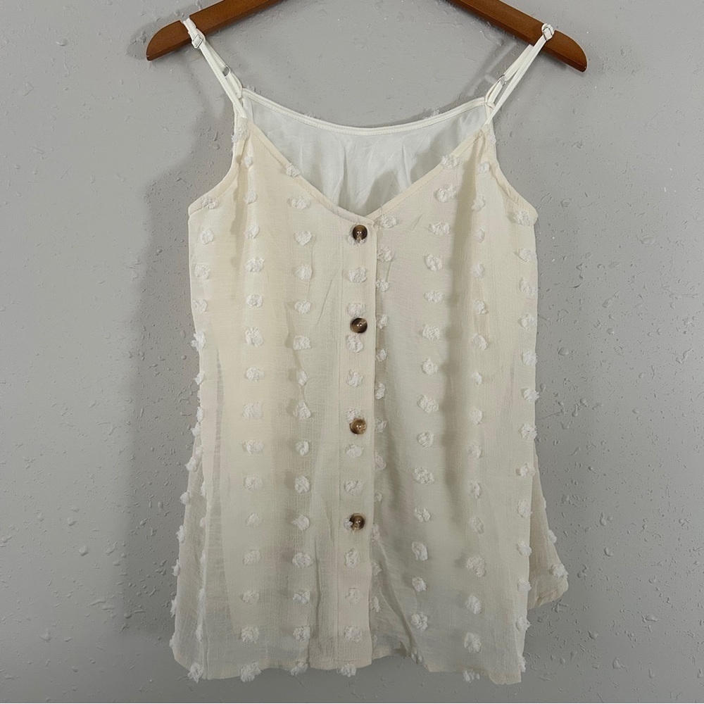 🦋 Cream Textured Button Detail Tank Top Blouse Neutral Spring Casual Small